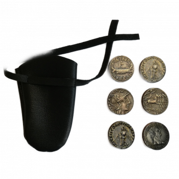 Lederbeutel mit 6 römischen Münzen